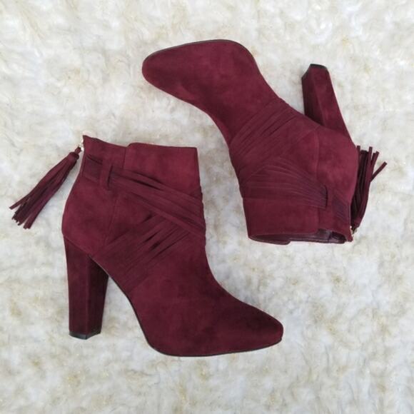 Red Boots WHBM Blayde Size 7 Strappy Ankle Bootie Heel Tassel Zip Suede Leather - Picture 11 of 13